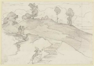 Italienische Landschaft mit einem sitzenden und zwei des Weges kommenden Pilgern