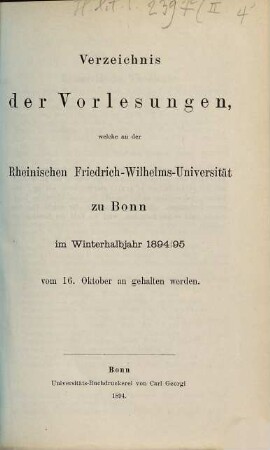 Vorlesungsverzeichnis für das .... 1894/95. WH