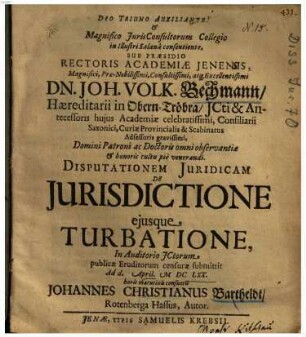 ... Disputationem Juridicam De Jurisdictione ejusque Turbatione