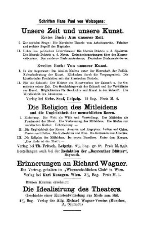 Schriften Hans Paul von Wolzogens:
