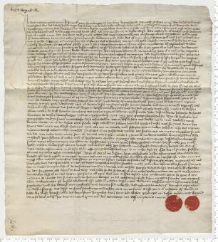 Testament des Bürgers Hinrick vam Hove, besiegelt durch die Ratsmannen Brand van Tzerstede und Ditmer Semmelbecker