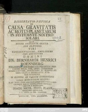Dissertatio Physica De Causa Gravitatis Ac Motus Planetarum In Systemate Nostro Solari