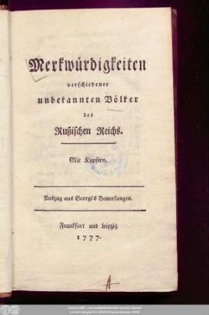 Merkwürdigkeiten verschiedener unbekannten Völker des Rußischen Reichs : Mit Kupfern