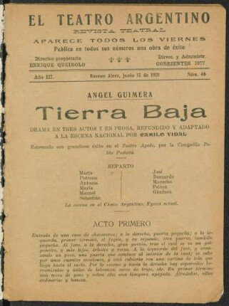 1921004600: Tierra baja : drama en tres actos y en prosa