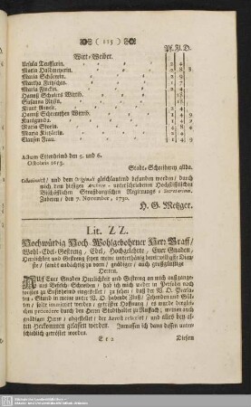 Lit. ZZ : Hochwürdig Hoch-Wohlgebohrner Herr Graff, Wohl-Edel-Gestreng, Edel, Hochgelehrte, Euer Gnaden, Herzlichkeit und Gestreng seyen meine unterthänig bereitwilligste Dienste, sambt andächtig zu vorn, gnädiger, auch großgünstige Herren