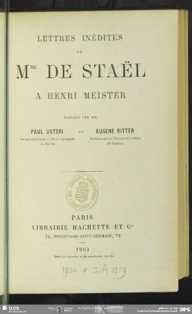 Lettres inédites de Mme de Stael à Henri Meister