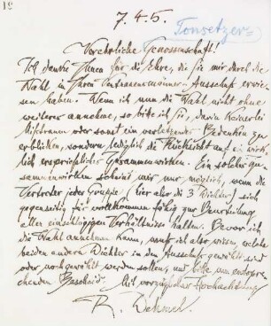 Brief an die Genossenschaft Deutscher Tonsetzer