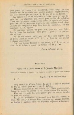 Núm. 155. Carta del P. Juan Heras al P. Joaquín Martinez