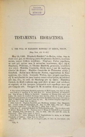 Testamenta Eboracensia of wills registered at York illustrative of the history, manners, language, statistics, &c., of the province of York, from the year MCCC downwards. 5