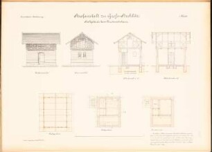 Gefängnis, Groß-Strehlitz: Stall: Vorderansicht, Seitenansicht, 2 Schnitte, Grundriss EG, DG, Fundamente