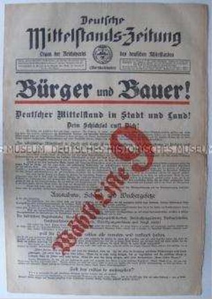 Sonderausgabe der Wochenzeitung der Wirtschaftspartei "Deutsche Mittelstands-Zeitung" zur Reichstagswahl 1928