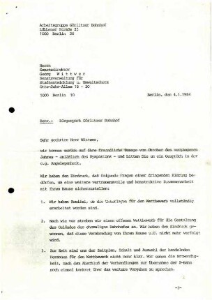 Chronologische Dokumentation:               Bürgerbeteiligung Görlitzer Park, Januar bis Juni 1984