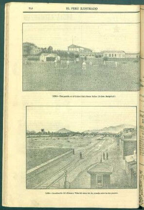[Vista de] Lima - Canalización del "Rímac." Vista del cauce del río, tomada entre los dos puentes.