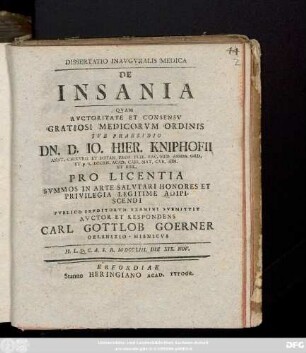 Dissertatio Inavgvralis Medica De Insania