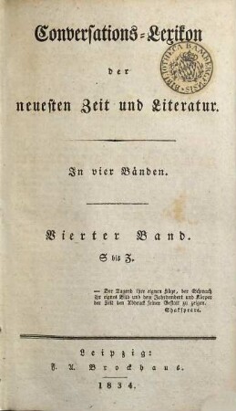 Conversations-Lexikon der neuesten Zeit und Literatur : In vier Bänden, Vierter Band. S bis Z