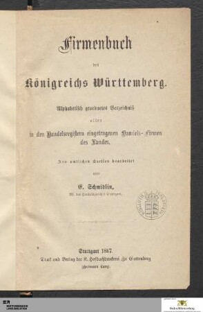 1867: [Firmenbuch des Königreichs Württemberg] Band 1867