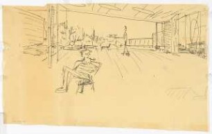 Wohn-Werk-Oberschule, Diplomarbeit, Berlin-Grunewald (?): Perspektivische Skizze Blick aus Raum nach Drausen