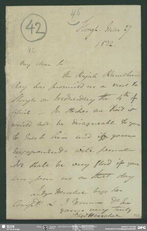 Eigenh. Brief von John F. W. Herschel an August Wilhelm von Schlegel, 27.05.1832