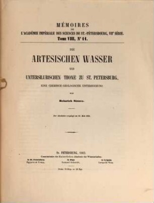 Die artesischen Wasser und untersilurischen Thone zu St. Petersburg : eine chemisch-geologische Untersuchung