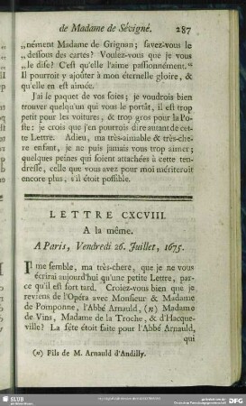 Lettre CXCVIII. A la même. A Paris, Vendredi 26. Juillet, 1675