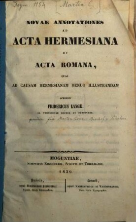Novae annotationes ad acta Hermesiana et acta Romana