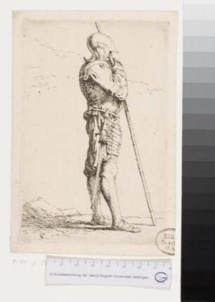 Kriegsknecht, Profil, mit beiden Händen eine Lanze haltend