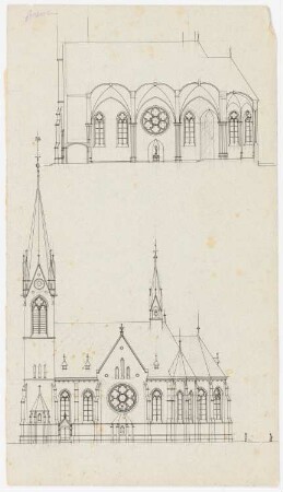 St. Lambertus, Ense-Bremen Erweiterung: Längsschnitt, Seitenansicht 1:100