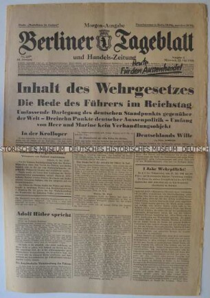 Titelseite und Umschlagblatt der Tageszeitung "Berliner Tageblatt" mit Leitartikel zur Wiedereinführung der Wehrpflicht