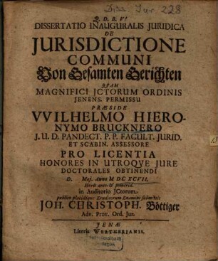 Dissertatio Inauguralis Juridica De Jurisdictione Communi : = Von Gesamten Gerichten