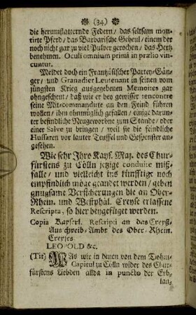 Wie sehr Ihro Kays. Maj. des Churfürstens zu Cölln jetzige conduite mißfalle/[...] - Inscriptio.