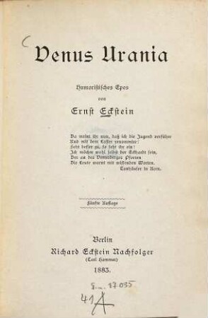 Venus Urania : humoristisches Epos
