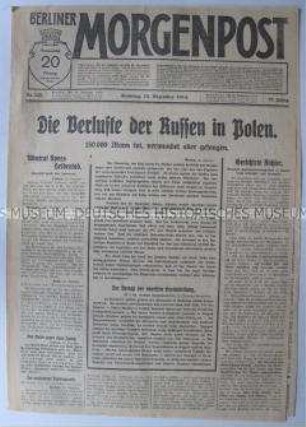 Tageszeitung "Berliner Morgenpost" über die Verluste der russischen Armee in Polen und zum Tod von Amiral Graf Spee