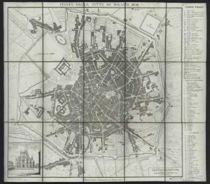 Stadtplan von Mailand in Italien, ca. 1:7 800, Kupferstich, 1836