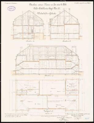 Artilleriekaserne II/27, Wiesbaden: Wirtschaftsgebäude: Grundriss Dachgeschoss, Längsschnitt, Querschnitt 1:100
