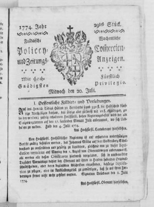 29tes Stück., Ausgabe vom 20. Juli 1774