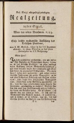 25tes Stück. Wien den 26ten Brachmon. 1773.