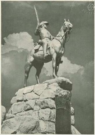 Der Reiter von Südwest, Denkmal eines uniformierten Reiters zu Pferd auf Steinsockel mit Schrifttafel in Windhuk, Deutsch-Südwesafrika