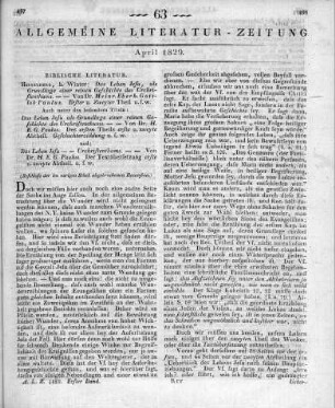 Paulus, H. E. G.: Das Leben Jesu als Grundlage einer reinen Geschichte des Urchristentums. Dargestellt durch eine allgemeinverständliche Geschichtserzählung über alle Abschnitte der 4 Evangelien und eine wortgetreue durch Zwischensätze erklärte Übersetzung des nach der Zeitfolge und synoptisch-geordneten Textes derselben. T. 1-2. Heidelberg: Winter 1828 Auch u. d. bes. T.: Das Leben Jesu als Grundlage einer reinen Geschichte des Urchristentums und: Das Leben Jesu -- Urchristenthums, die wortgetreue, erklärende, synoptische Übersetzung der vier vereint geordneten Evangelien ... (Fortsetzung der im vorigen Stück abgebrochenen Recension.)