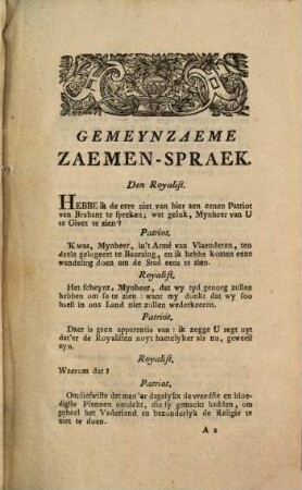Gemeynzaeme Zaemen-Spraek Tusschen Eenen Vlugtigen Nederlandschen Royalist Ende Eenen Wandelenden Brabandschen Patriot
