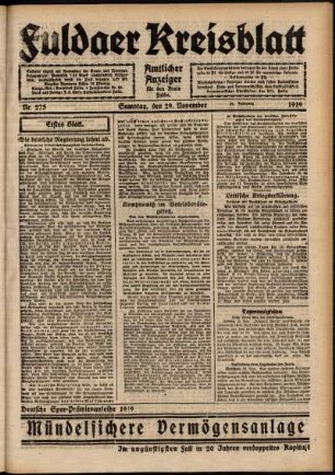 Erste Ausgabe vom Samstag, den 29. November 1919.
