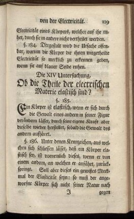 Die XIV Untersuchung, Ob die Theile der electrischen Materie elastisch sind?