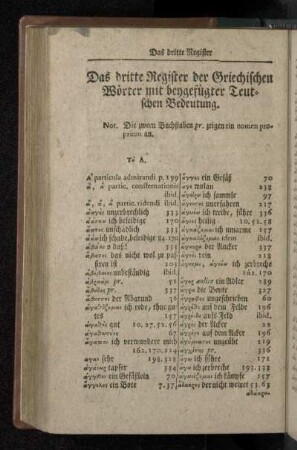 Das dritte Register der Griechischen Wörter mit beygefügter Teutschen Bedeutung.