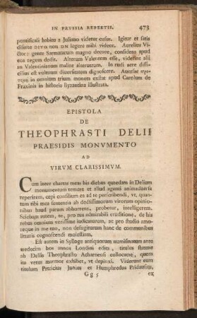Epistola De Theophrasti Delii Praesidis Monvmento Ad Virvm Clarissimvm