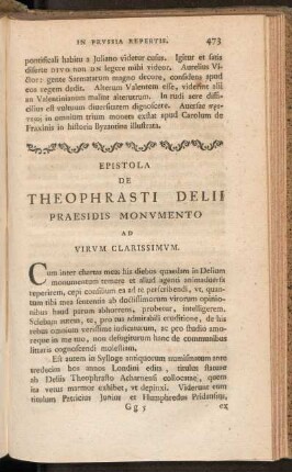 Epistola De Theophrasti Delii Praesidis Monvmento Ad Virvm Clarissimvm