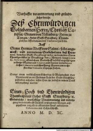 Warhaffte Verantwortung ... Gravens zu Nellenburg ... auff Grave ... zu Solms ... nichtige Mandat ...
