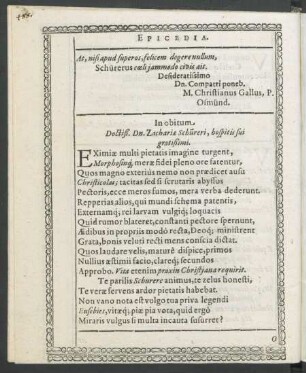 In obitum. Doctiß. Dn. Zachariae Schüreri, hospitis sui gratißimi.