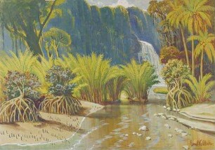 Nippa-Palmen und Mangroven vor einem Urwald an einem Flusslauf am Ozean