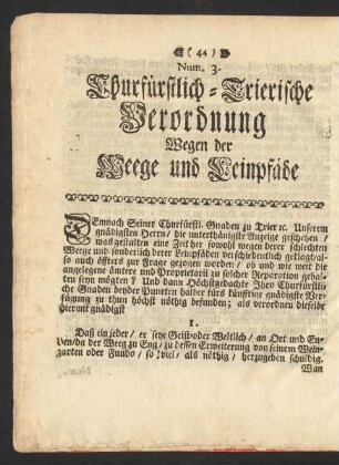 Num. 3. Churfürstlich-Trierische Verordnung Wegen der Weege und Leinpfäde