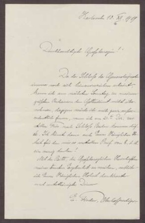 Schreiben von Ernst Fischer an die Großherzogin Luise; Absage eines Gottesdienstes