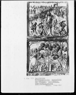 Rechter Altarflügel mit der Auferstehung Christi (oben) und dem Tod Marias (unten)
